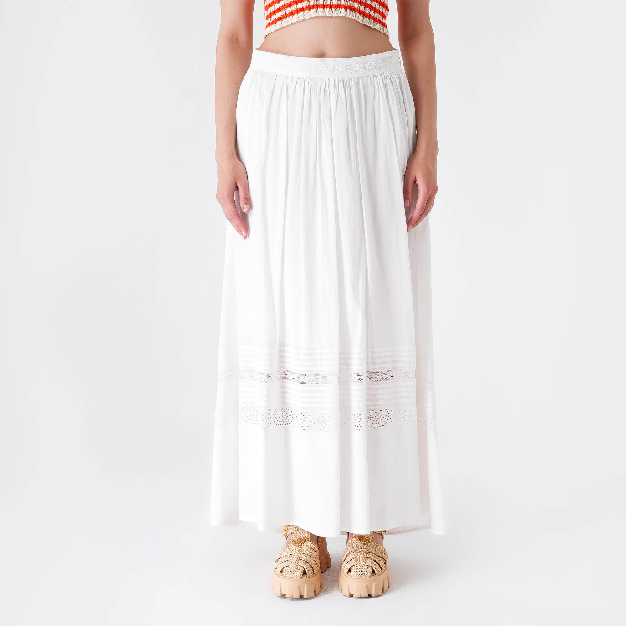 Etro - White Cotton Lace Long Skirt